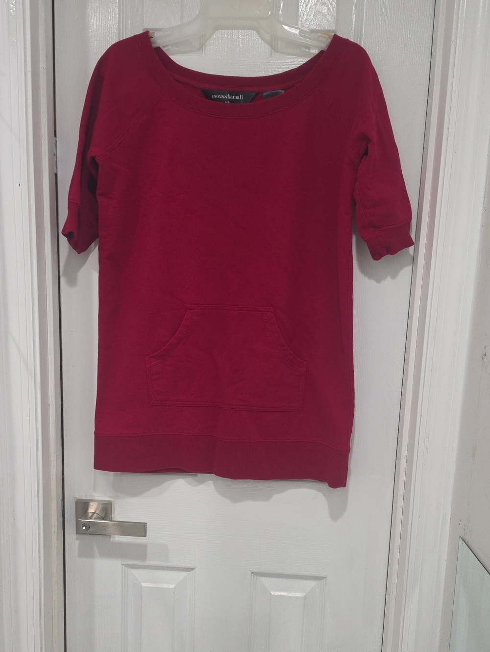Norma Kamali Red Short-Sleeve Sweatshirt with Kangaroo Pocket